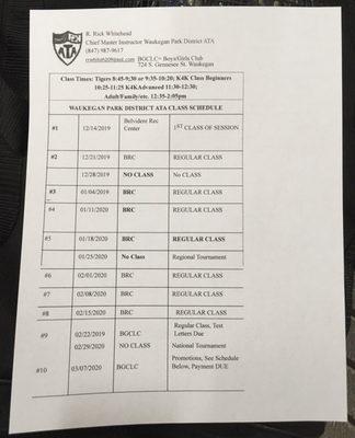 2019 Winter schedule of the ATA karate classes hold at the Belvidere rec center.