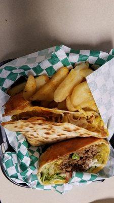 Cheeseburger quesadilla and buffalo chicken quesadilla with fries.