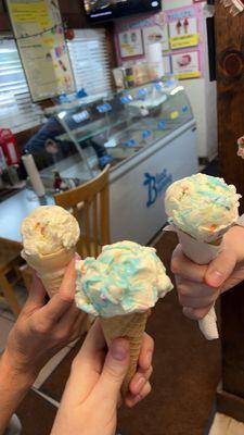 Birthday cake ice cream in sugar and cake cones!