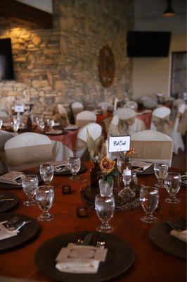 Wedding guest tables set up.