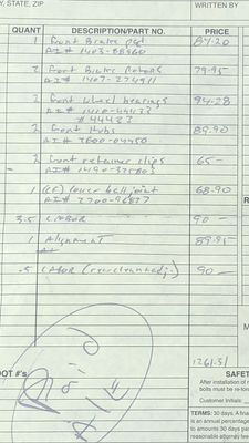 Cost of parts--I had a LOT of broken stuff. Did I mention they did the work in one day? They have great mechanics!