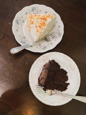 Coconut cream pie and chocolate cake.