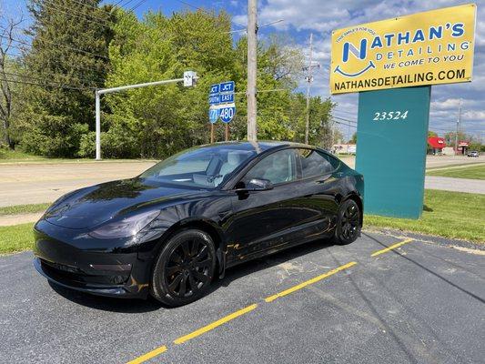 Model 3 with clear PPF, ceramic coating, window tinting, and headlight/rear light tinting.