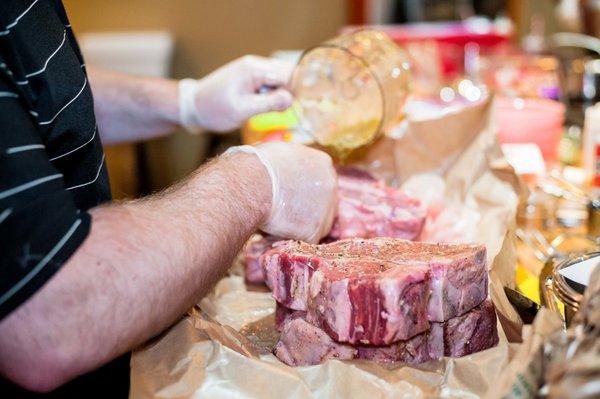 Preparing Porterhouse steaks for the grill