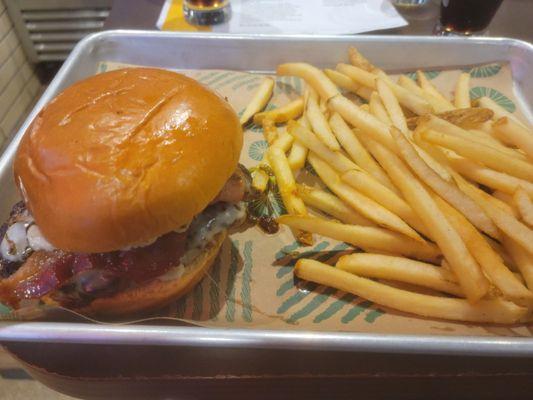 Bacon Brussel Sprout Cheeseburger and Fries