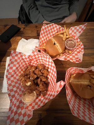 Cheese Curds, Cheesy Fry Burger and cheese burger