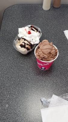 Great and cheap ice cream. Double scoop,  double scoop sundae,  and a single scoop sundae total $ 7.01.  Awesome.