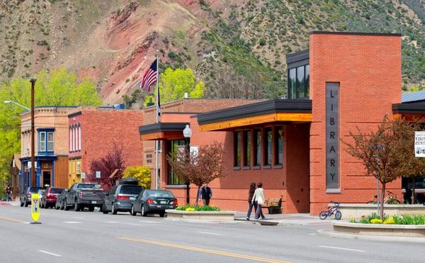 The view from Main Street of the New Castle Branch Library in New Castle, Colorado