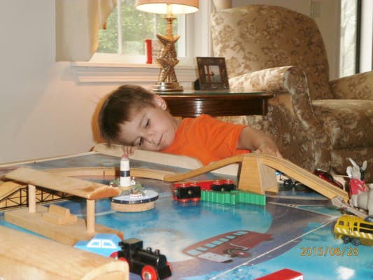 Riley at Work at the Train Table!