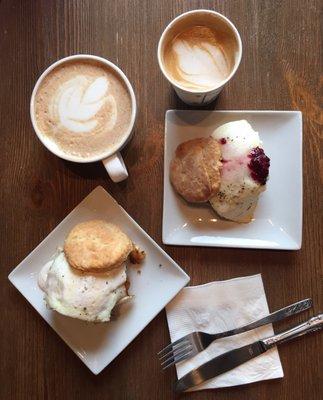 Chai Latte & spicy chicken biscuit sandwich, marshmallow w/ smoked salt latte & pork sausage biscuit sandwich.