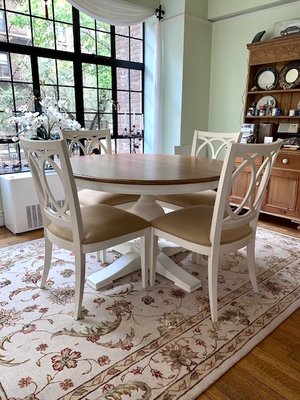 Cooper 48" Dining Table with Rye top and Cirrus White base and Cyra Side Chairs with Turner Mocha cushion seats