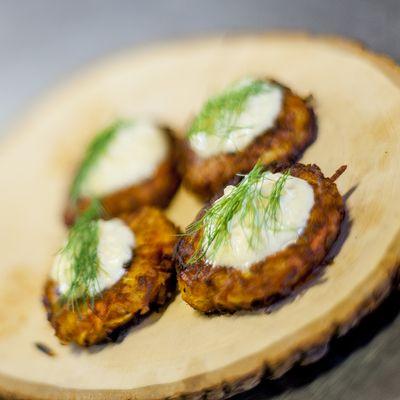 Root Vegetable Latkes with Apple-Creme Fraiche