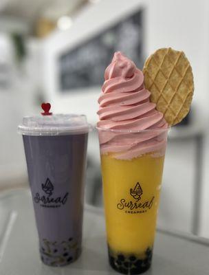 Taro milk tea with tapioca and mango jellies, strawberry ice cream with mango slushi and tapioca