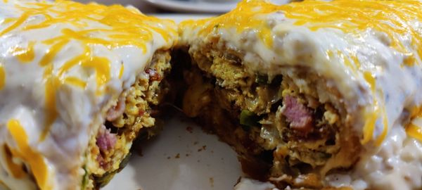 Close up of the inside of the Breakfast Turnover.  Delicious