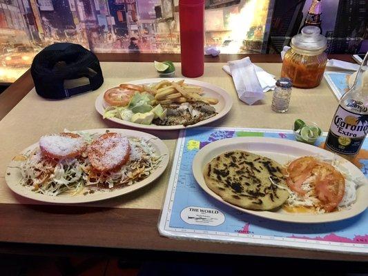 Pupusas, enchiladas, fish