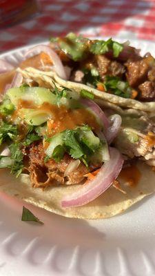 Handmade tortillas for taco. Red salsa is spicy. Green salsa is mild.