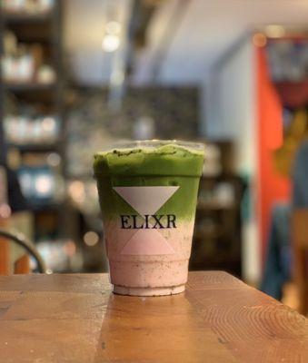 Iced matcha with strawberry oat milk