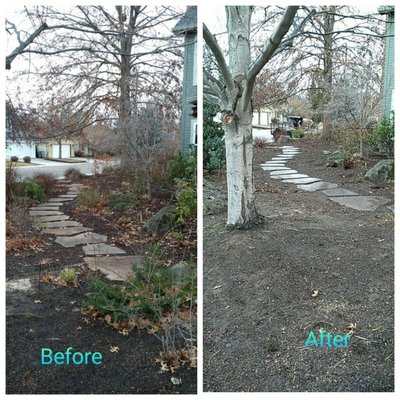 Before and after of a yard cleanup in preparation for spring!