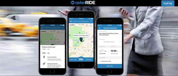 asterRIDE's passenger app - Named as top 7 travels apps to have on your smartphone by Amadeus and as top 100 Brilliant Companies.