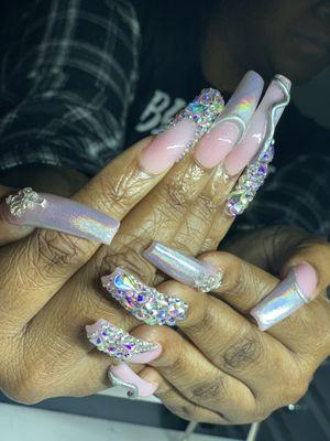 #Birthday nails 10 finger design (hard) with rhinestones on long nails