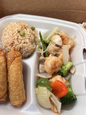 Shrimp with mixed vegetables and egg roll. I gave my dad my egg roll. The lunch special only has one egg roll. NOT TWO egg rolls