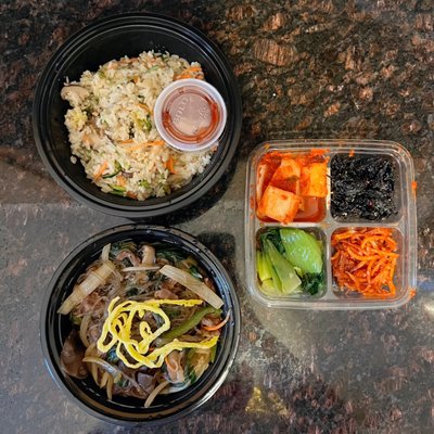 Bibimbab, Beef & Mushroom Japchae, and Banchan