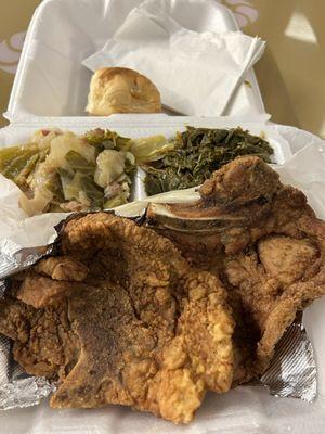 Fried Pork chops, Cabbage, Collards