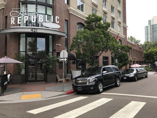 Our suv and straight lino picking up for a wedding at the Hotel Republic San Diego.