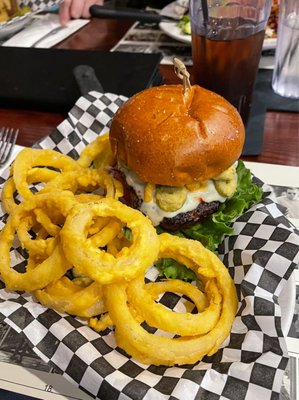 Pancho Villa Burger with onion rings