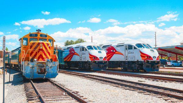 Trains parked at the Santa Fe Depot.