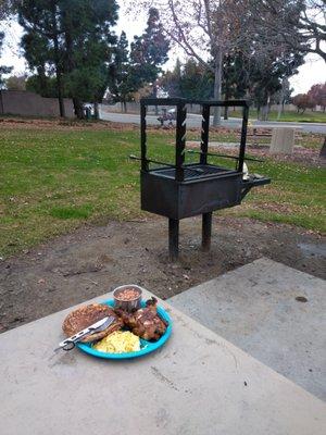 Cooked breakfast near the multi-purpose room.  Bacon, eggs, game hen and pancakes all nicely burnt over red oak.  (Jk, not burnt at all.)