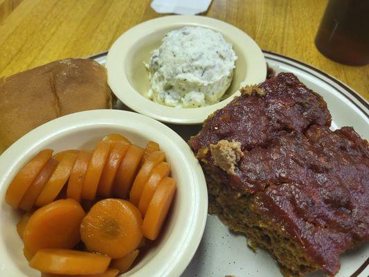 Meatloaf, potato salad, and the BEST carrots I've ever eaten