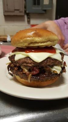 Double cheeseburger with bacon,mushrooms, onions