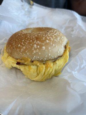 Egg, ham & cheese plain bagel. Warm and filling