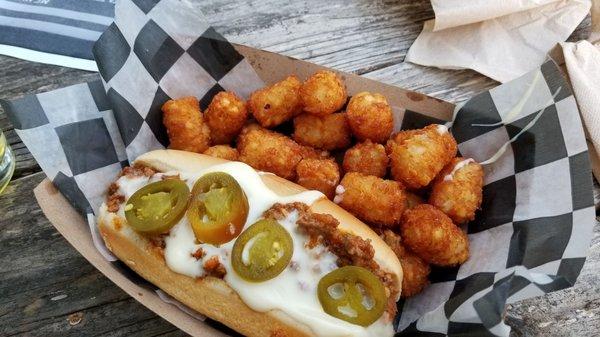 Chorizo chili dog with spots