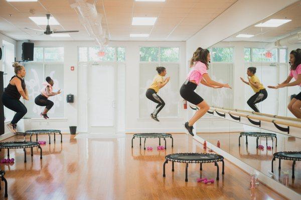 Trampoline cardio class on the mini-rebounder