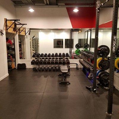 Studio with dumbbells 0-100# (2.5# increments), kettlebells, clubbells, macebells, medballs, and much more.