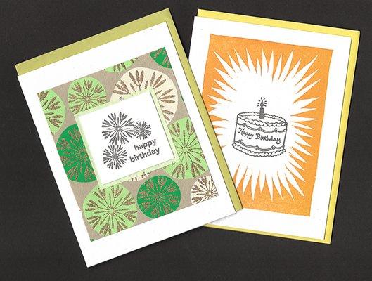 Two popular birthday cards from our letterpress wholesale greeting card line.