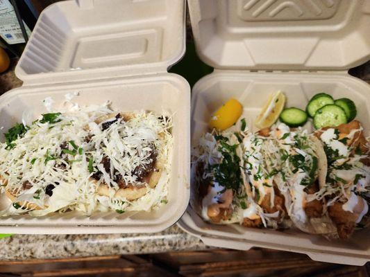 Carne asada sope (left) and fish tacos (right) Yum yum