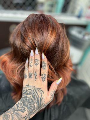 All over color and balayage. Playing with reds and coppers.