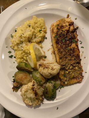 Pistachio crusted salmon, brussel sprouts, cauliflower and risotto.