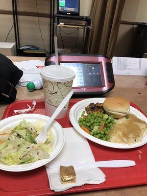 Meal (Chicken, rice/gravy, veggie mix, roll & salad)