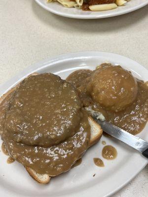 Hot hamburger... gravy was horrible... full of clumps of flour that didn't cook out when making the roux...super salty too