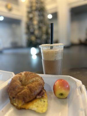 The maiden coffee and a breakfast bacon egg and cheese croissant!!