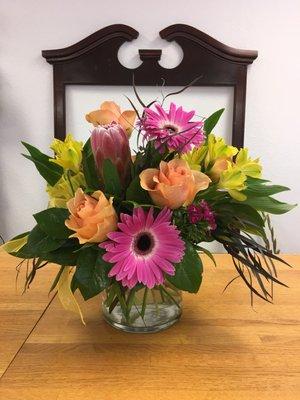 Mixed Vase Arrangement with Pink Protea