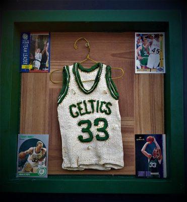 One of a kind Larry Bird Jersey shadow box tribute to an all-time great; note the Parquet floor background