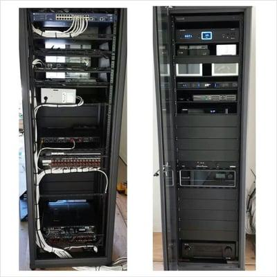 Media rack with attention to detail in wire management.