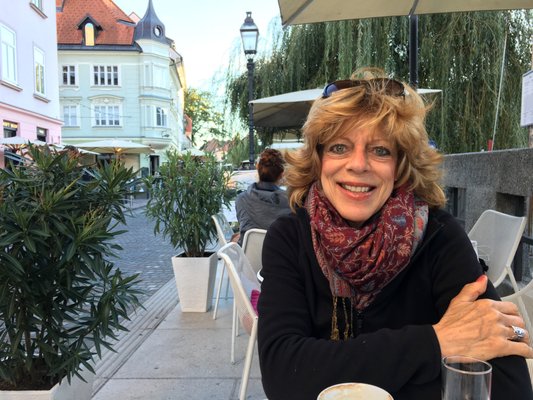 Enjoying conversation and a Latte in Ljubljana, Slovenia, September, 2018