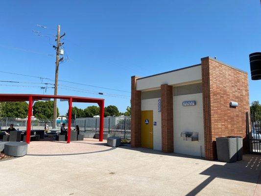 Restrooms and seating for eating