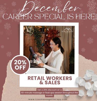 Special December deals for Retail & Sales workers! 20% Off!